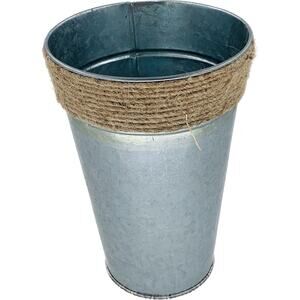 Metal Vase For Flowers Brown Rope Tapered 7.5 Inches Tall Silver Galvanized